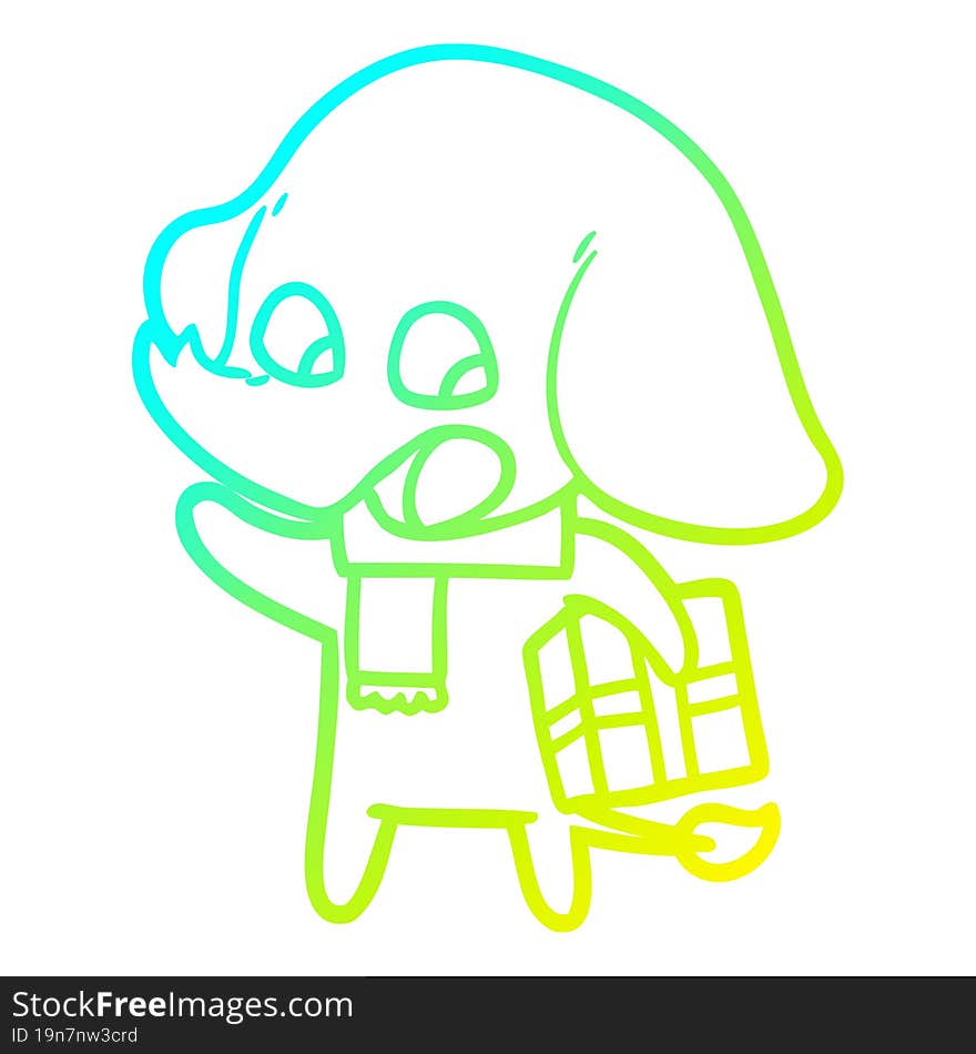 cold gradient line drawing of a cute cartoon elephant with christmas present