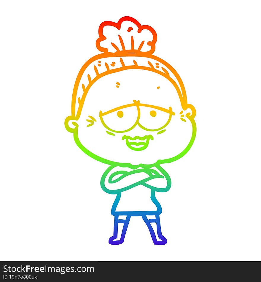 rainbow gradient line drawing of a cartoon happy old lady