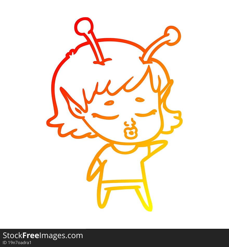 Warm Gradient Line Drawing Cute Alien Girl Cartoon