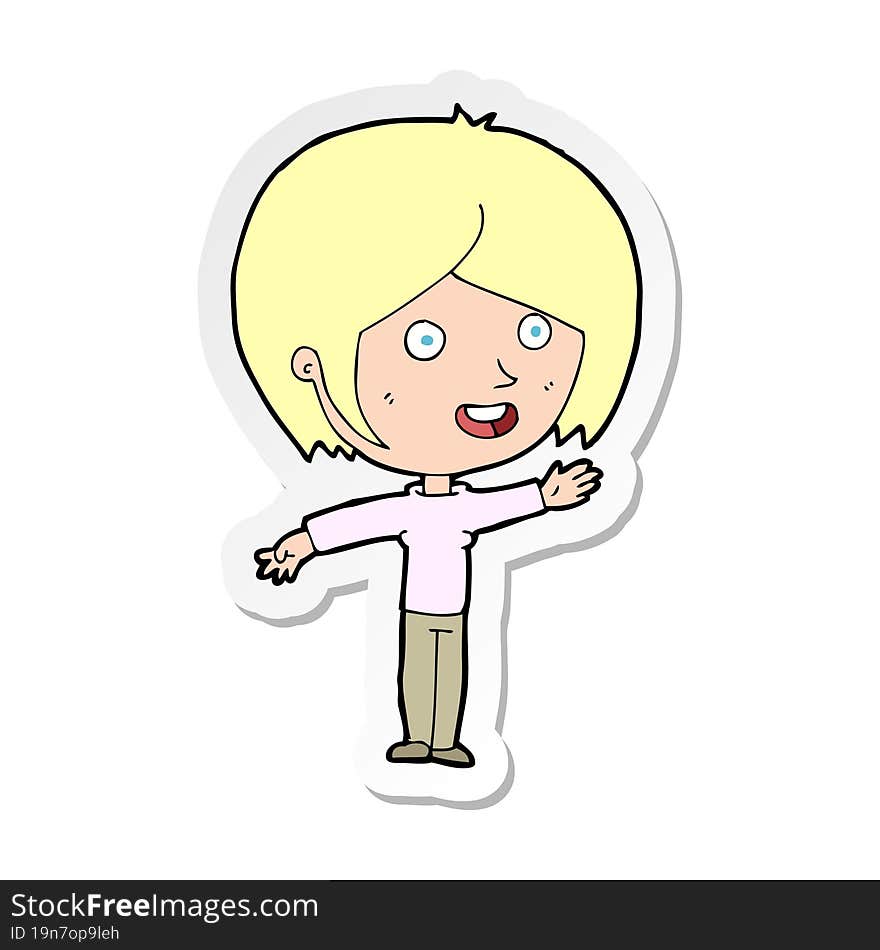 sticker of a cartoon happy girl waving