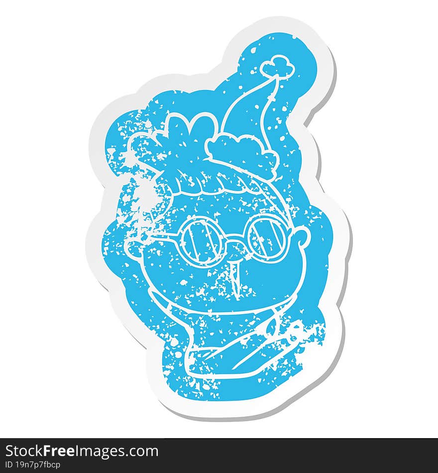 cartoon distressed sticker of a woman wearing spectacles wearing santa hat