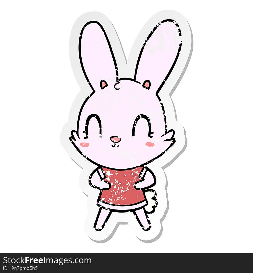 distressed sticker of a cute cartoon rabbit in dress