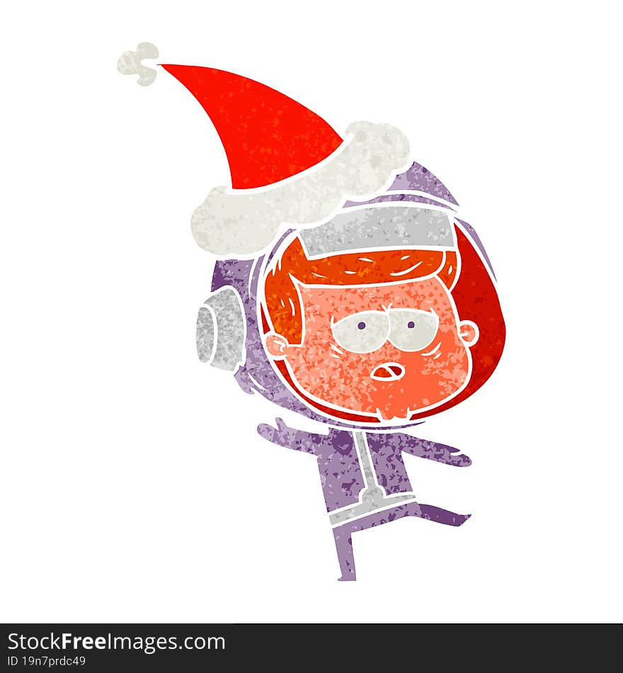 retro cartoon of a tired astronaut wearing santa hat