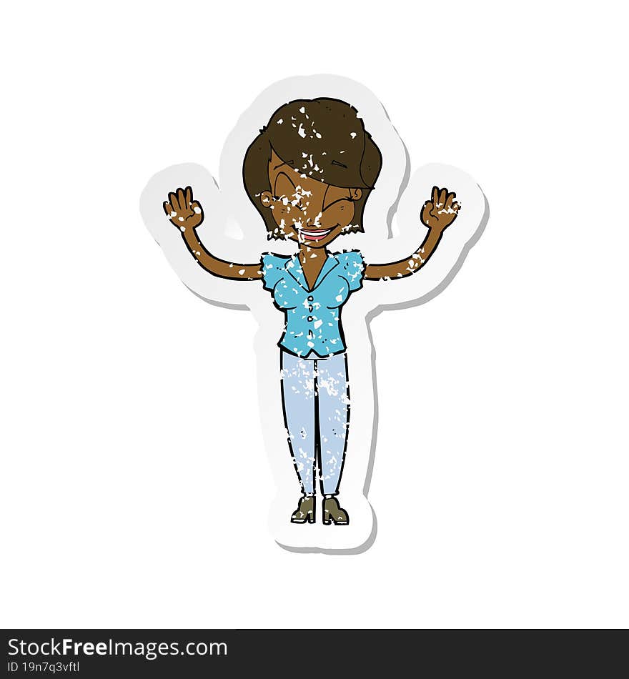 retro distressed sticker of a cartoon pretty woman with hands in air