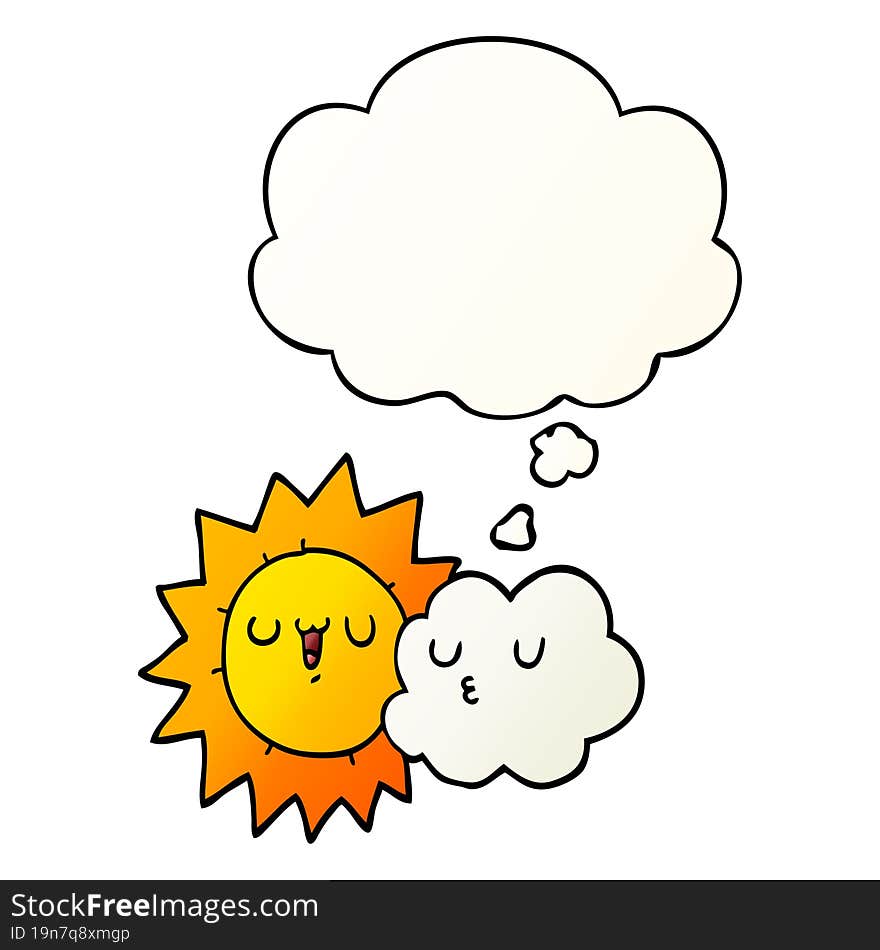 cartoon sun and cloud with thought bubble in smooth gradient style