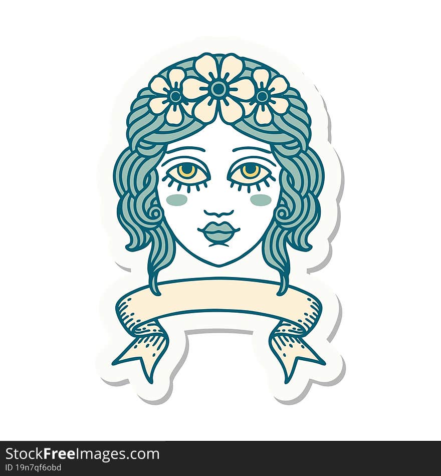 Tattoo Sticker With Banner Of Female Face With Crown Of Flowers