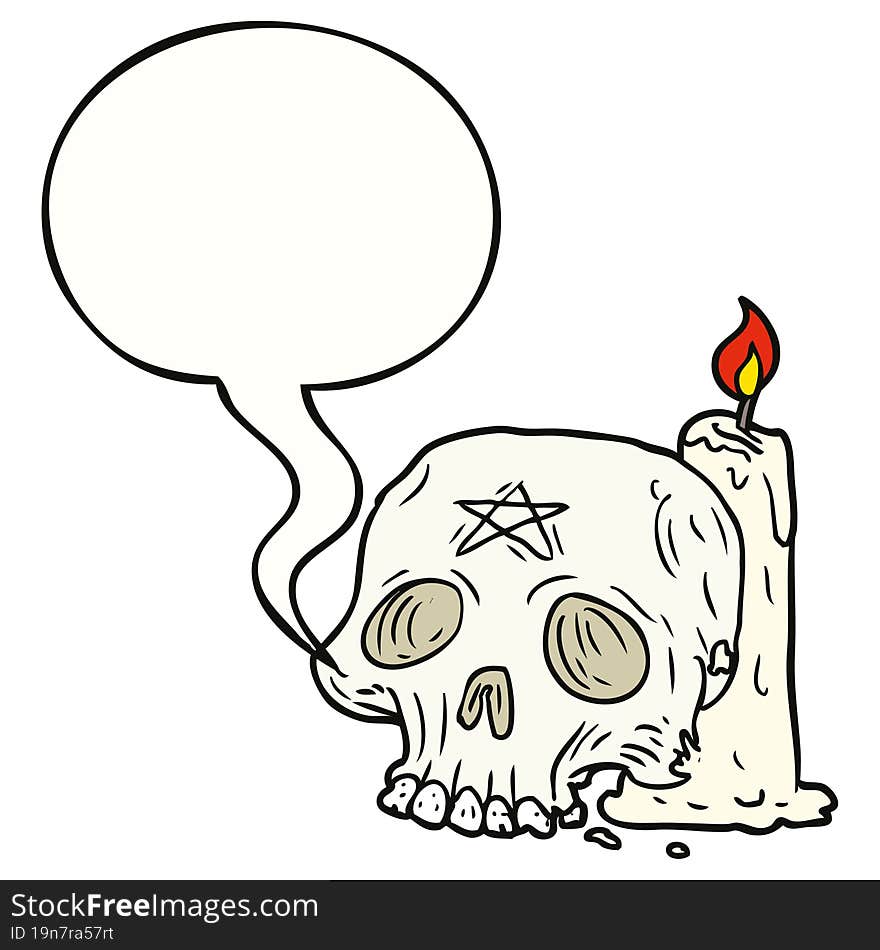 cartoon spooky skull and candle and speech bubble