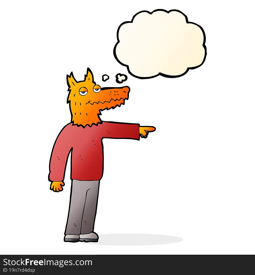 cartoon fox man pointing with thought bubble