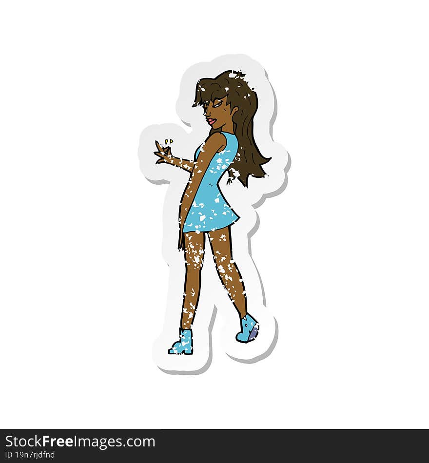 retro distressed sticker of a cartoon woman posing in dress