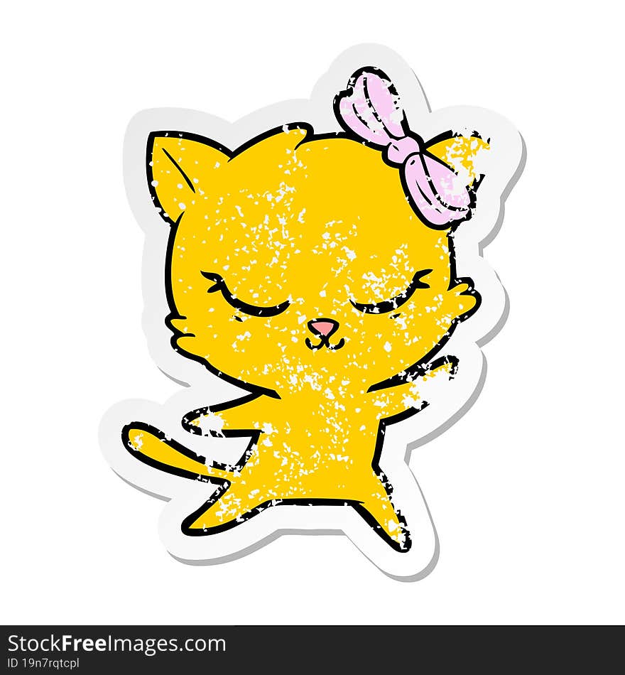 distressed sticker of a cute cartoon cat with bow