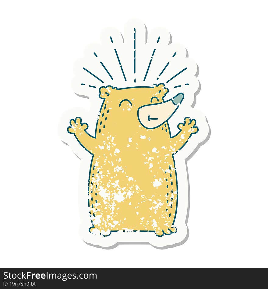 grunge sticker of tattoo style happy bear