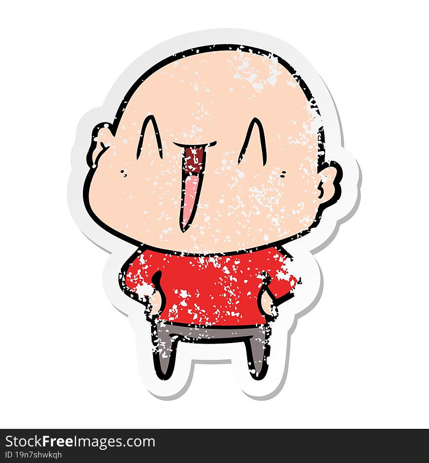 distressed sticker of a happy cartoon bald man