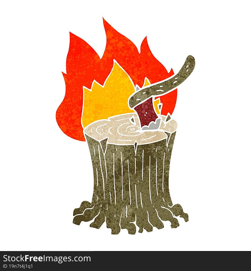 retro cartoon axe in flaming tree stump