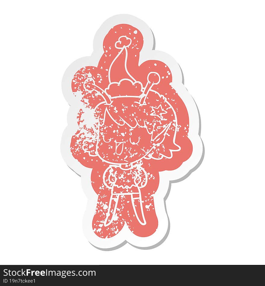 happy alien girl cartoon distressed sticker of a wearing santa hat