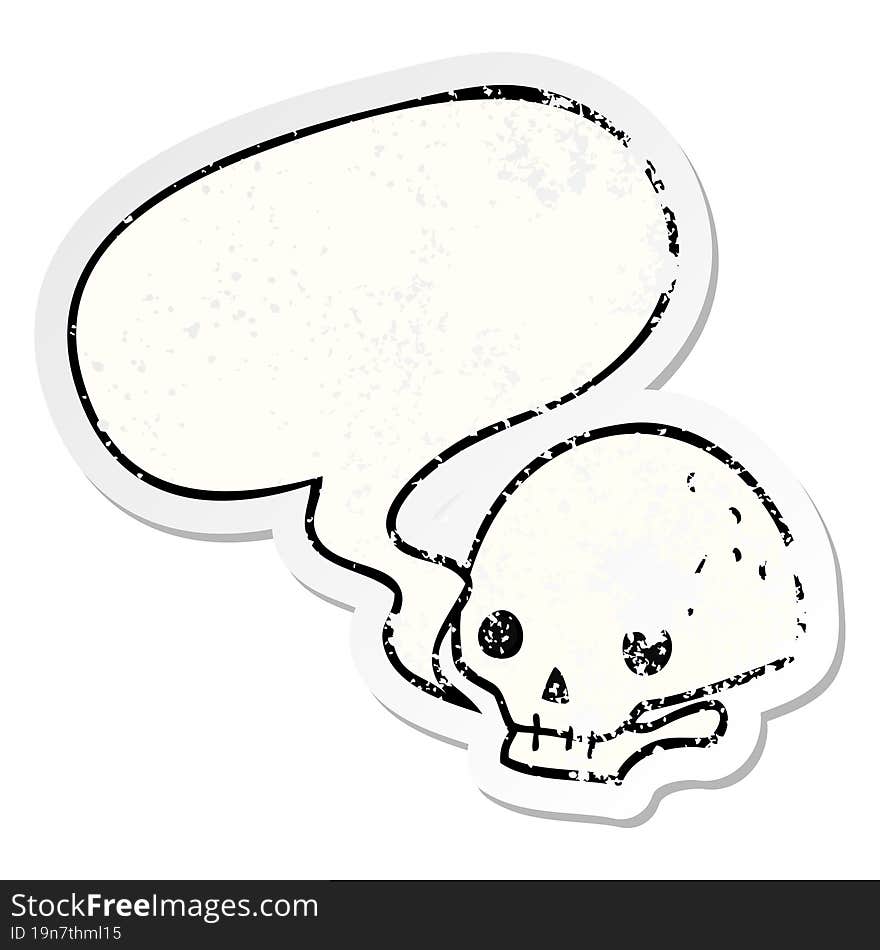 cartoon spooky skull and speech bubble distressed sticker