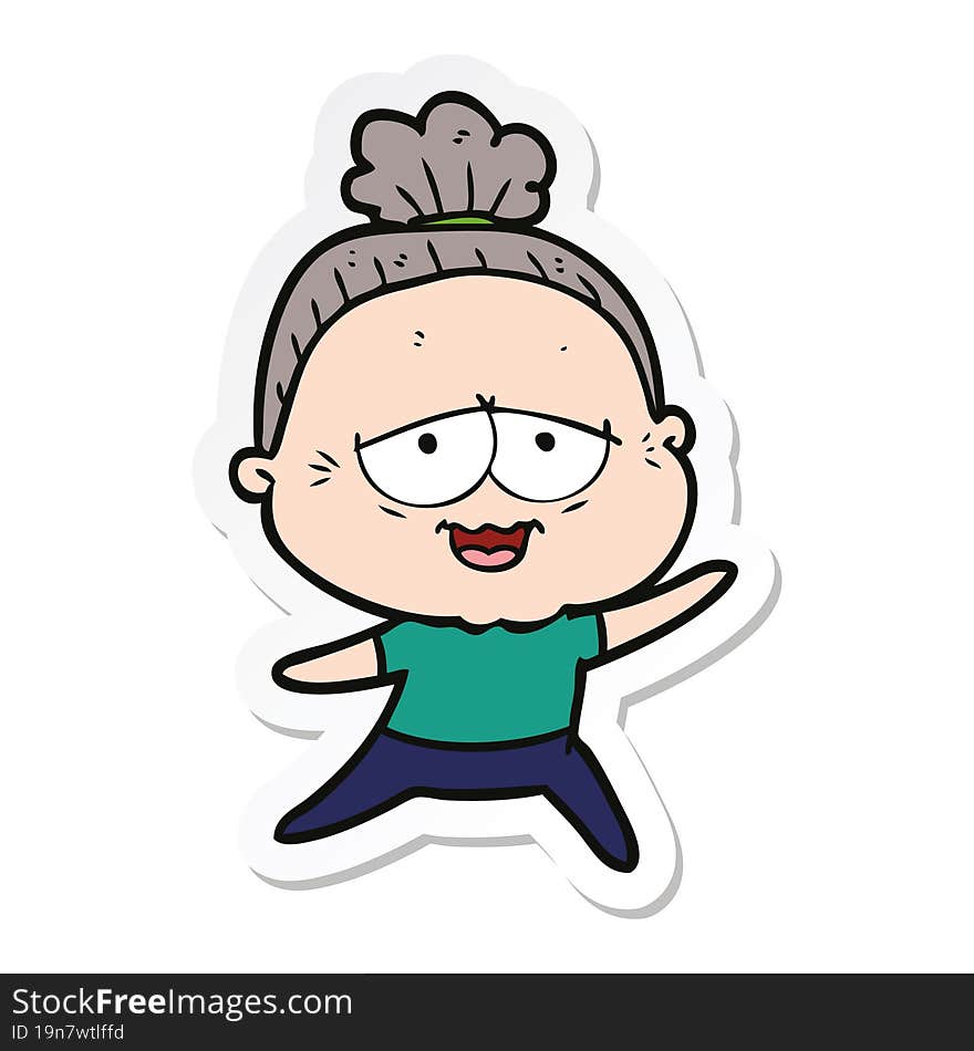 sticker of a cartoon happy old lady