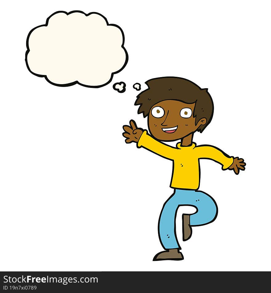 cartoon excited boy dancing with thought bubble