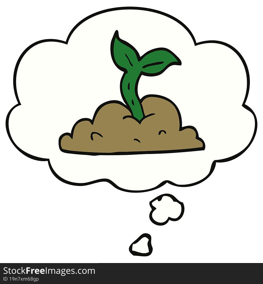 cartoon growing seedling with thought bubble. cartoon growing seedling with thought bubble