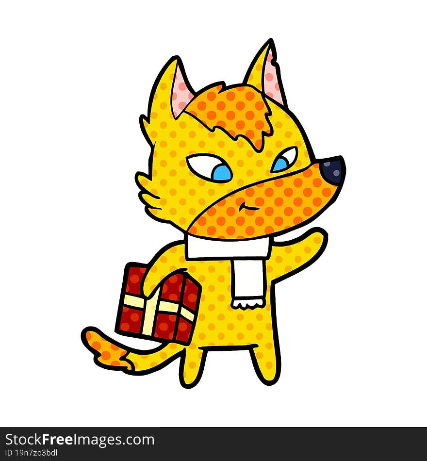 fox cartoon character with present. fox cartoon character with present