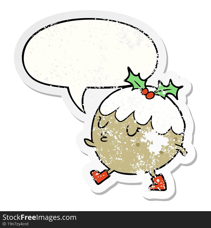 cartoon christmas pudding walking with speech bubble distressed distressed old sticker. cartoon christmas pudding walking with speech bubble distressed distressed old sticker