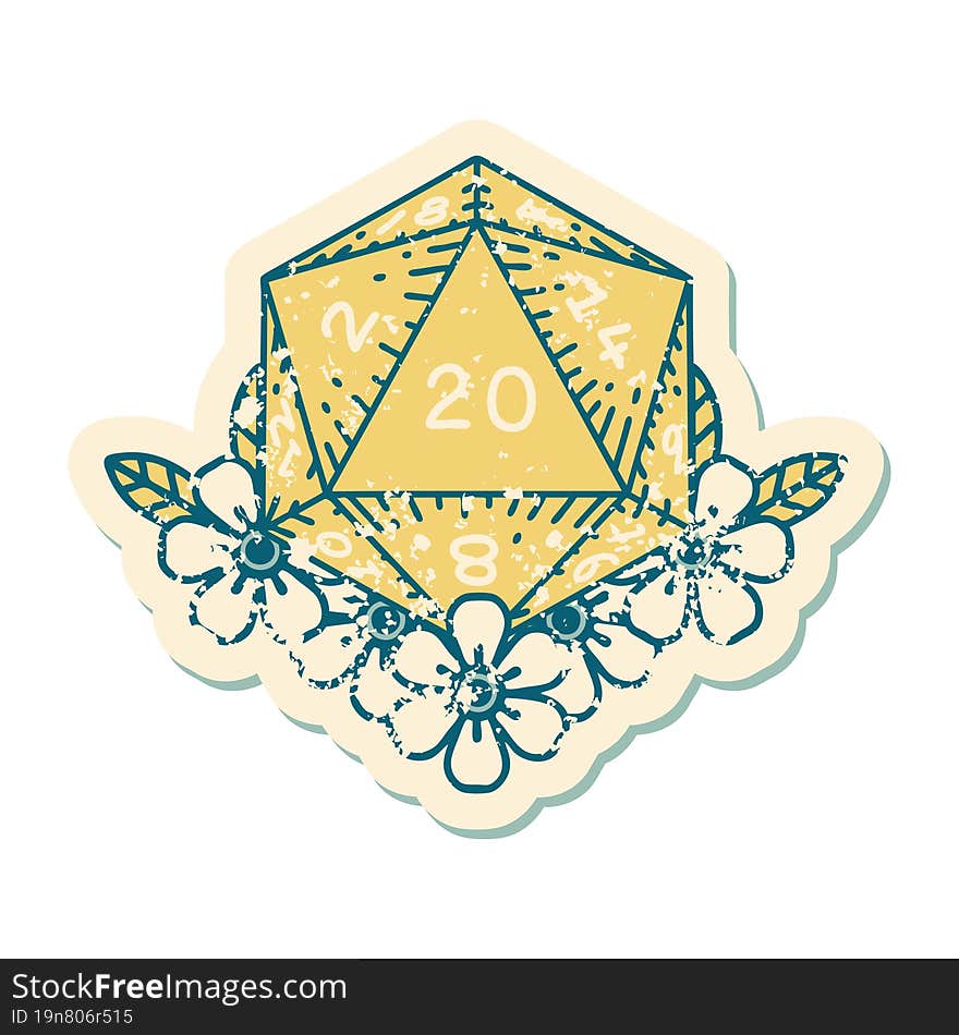 Natural 20 D20 Dice Roll With Floral Elements Illustration