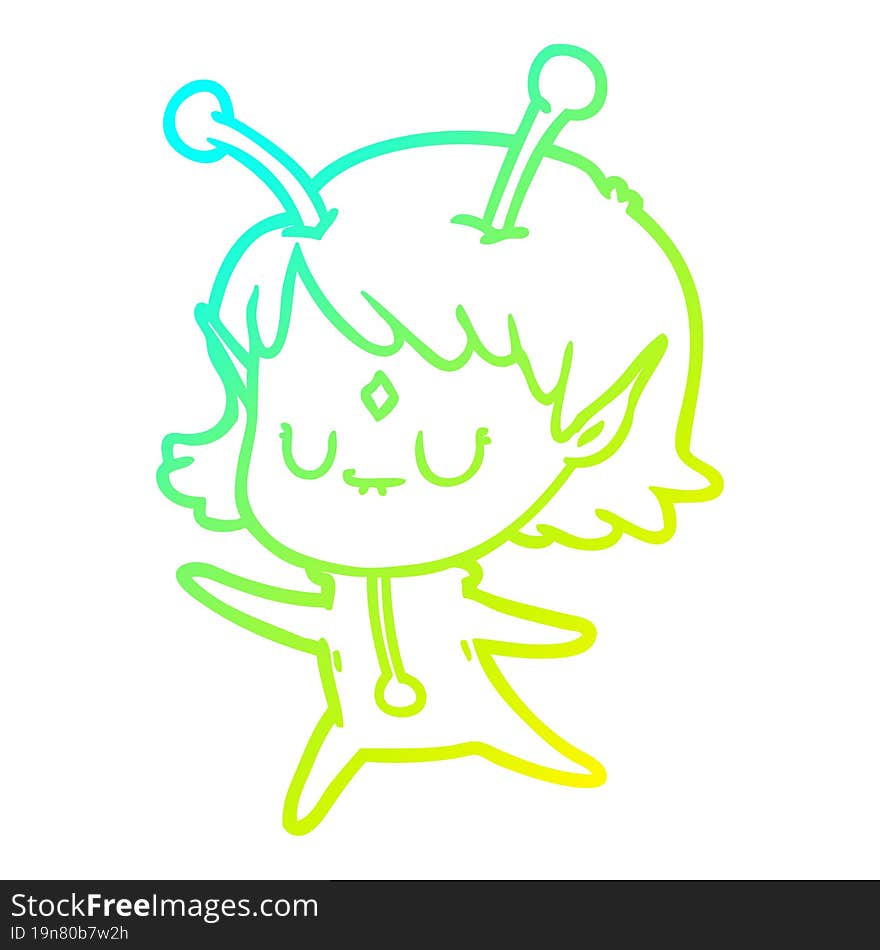 cold gradient line drawing of a cartoon alien girl