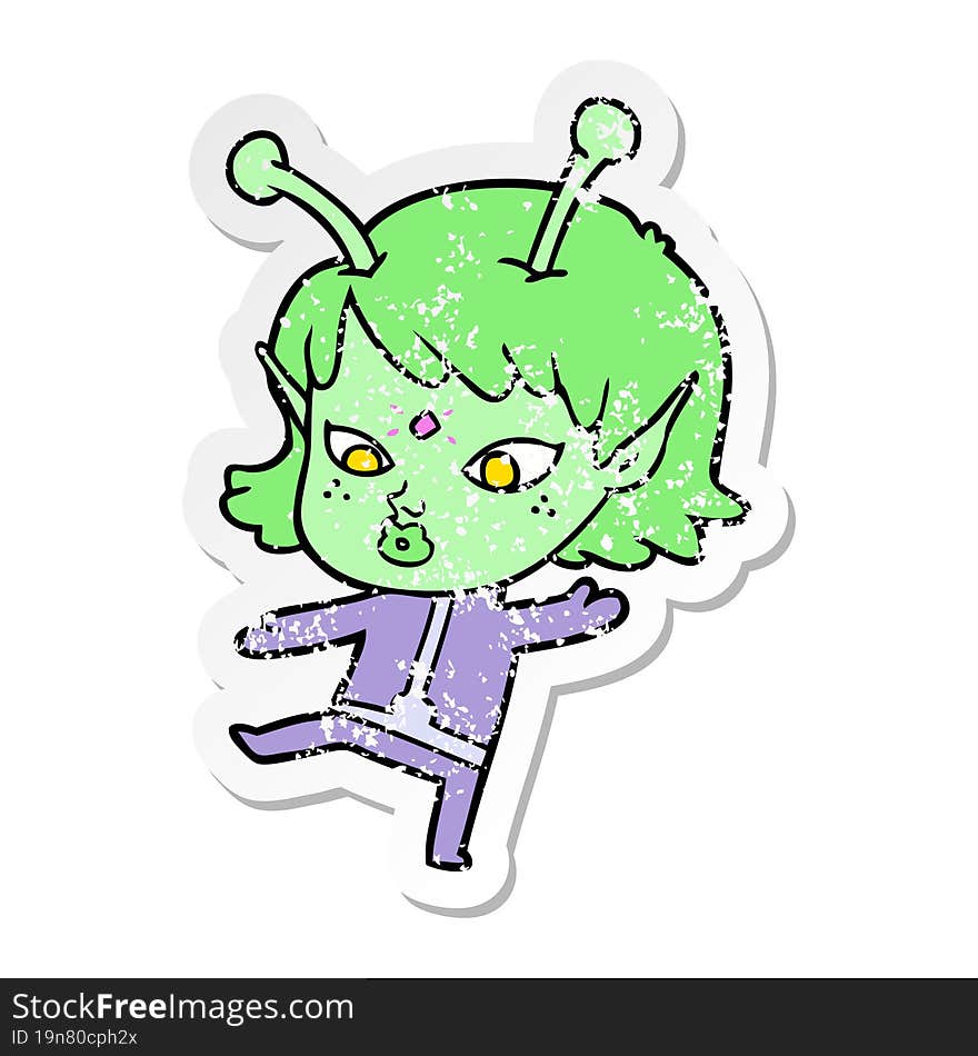 distressed sticker of a pretty cartoon alien girl