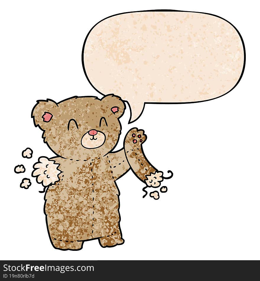 cartoon teddy bear with torn arm with speech bubble in retro texture style. cartoon teddy bear with torn arm with speech bubble in retro texture style