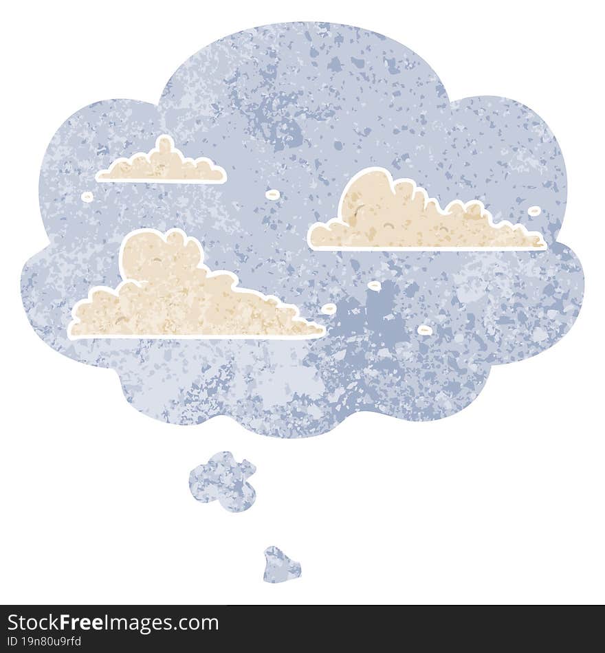 cartoon clouds and thought bubble in retro textured style