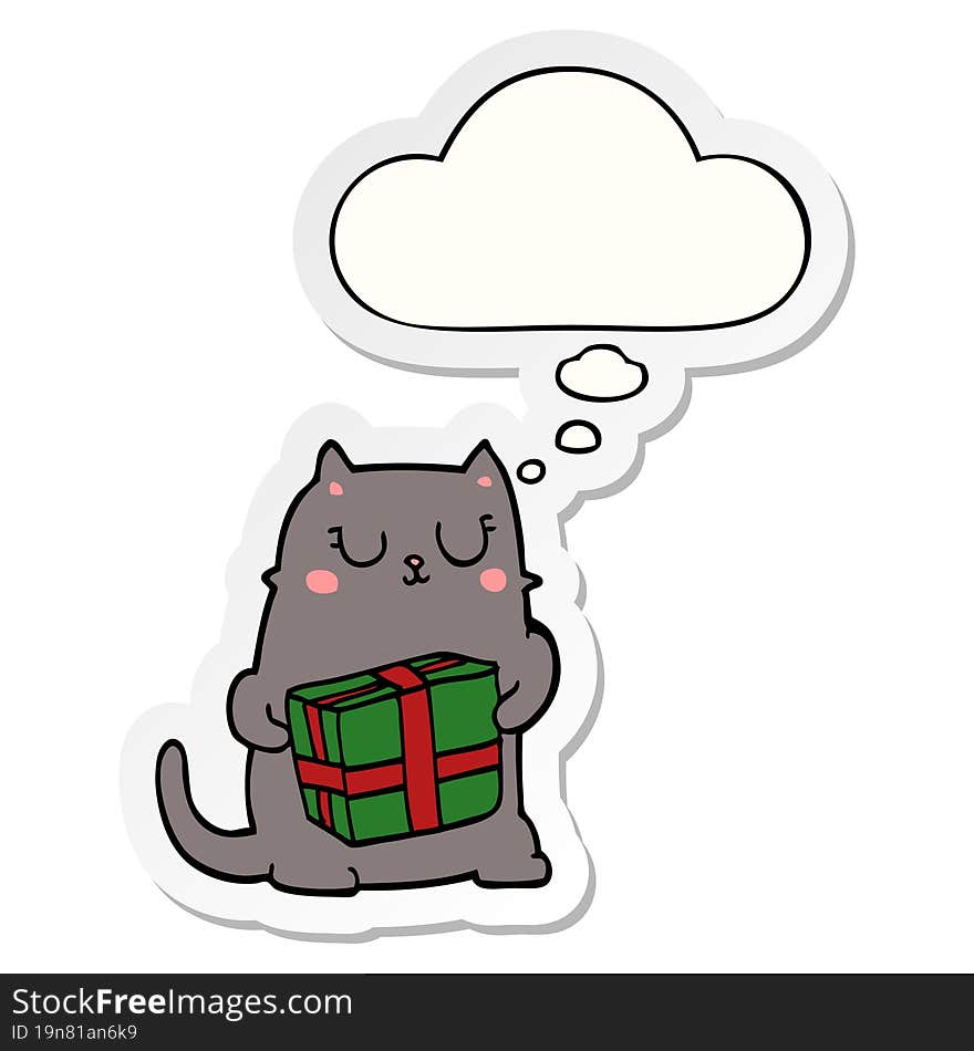 cartoon christmas cat and thought bubble as a printed sticker