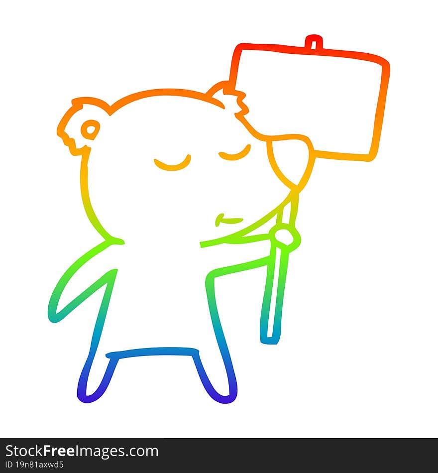 rainbow gradient line drawing of a happy cartoon polar bear with sign