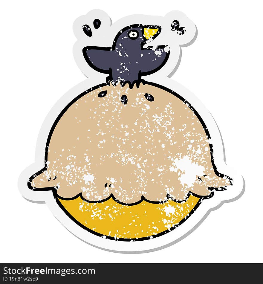 distressed sticker of a cartoon blackbird in a pie