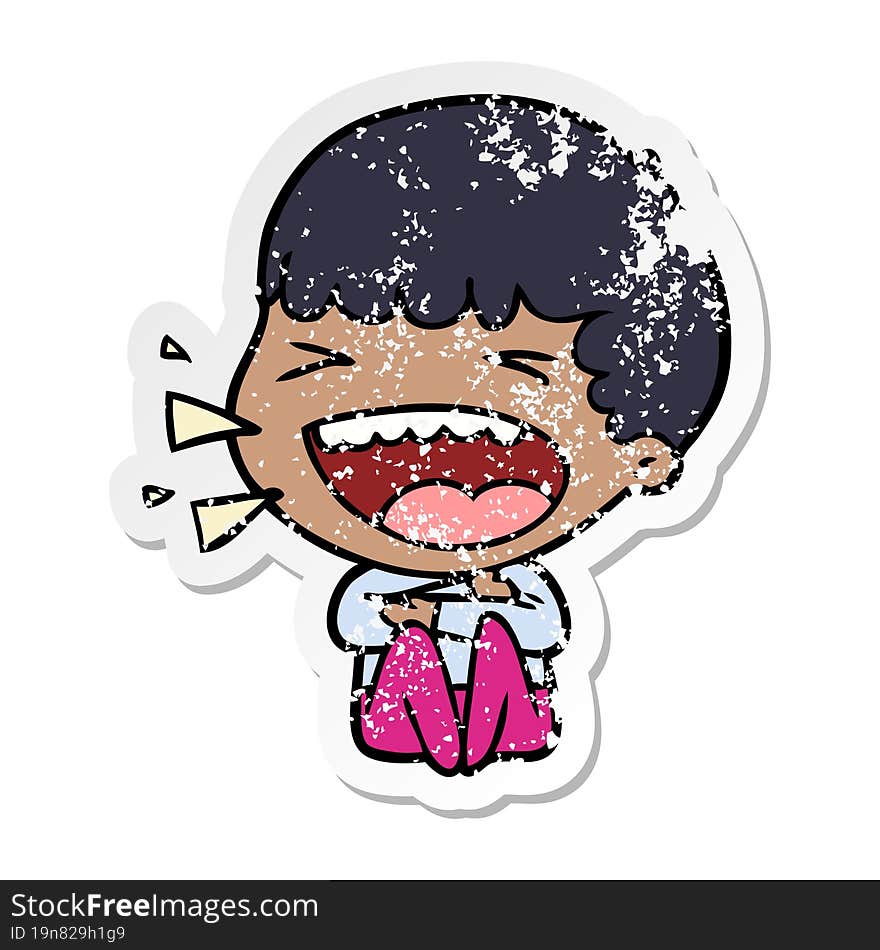 distressed sticker of a cartoon laughing man