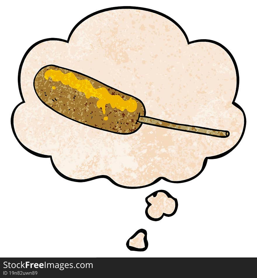 cartoon hotdog on a stick and thought bubble in grunge texture pattern style