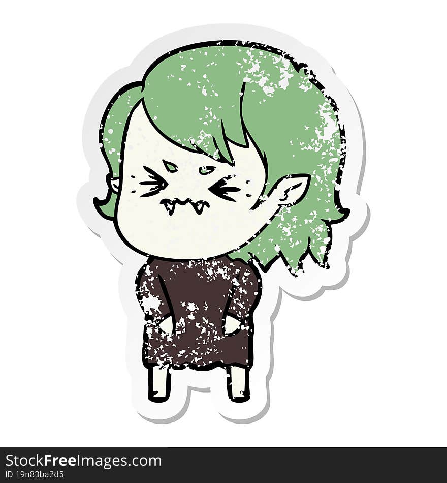 distressed sticker of a annoyed cartoon vampire girl