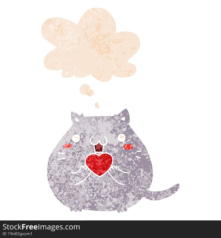 cute cartoon cat in love with thought bubble in grunge distressed retro textured style. cute cartoon cat in love with thought bubble in grunge distressed retro textured style