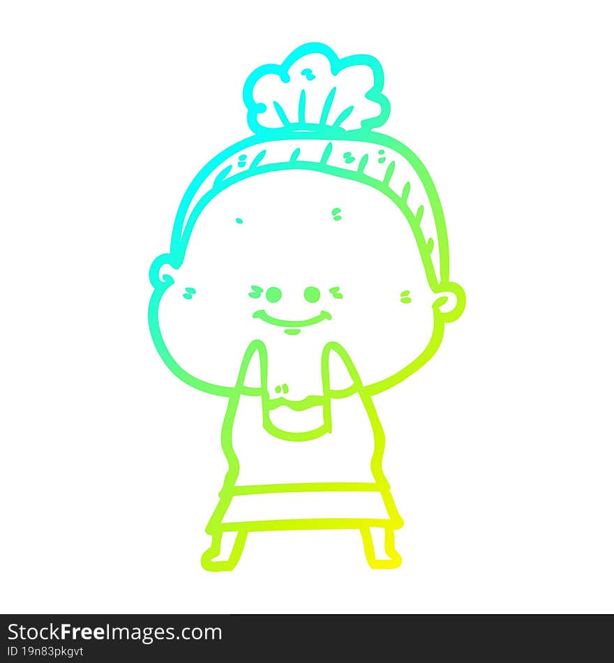 cold gradient line drawing of a cartoon happy old woman