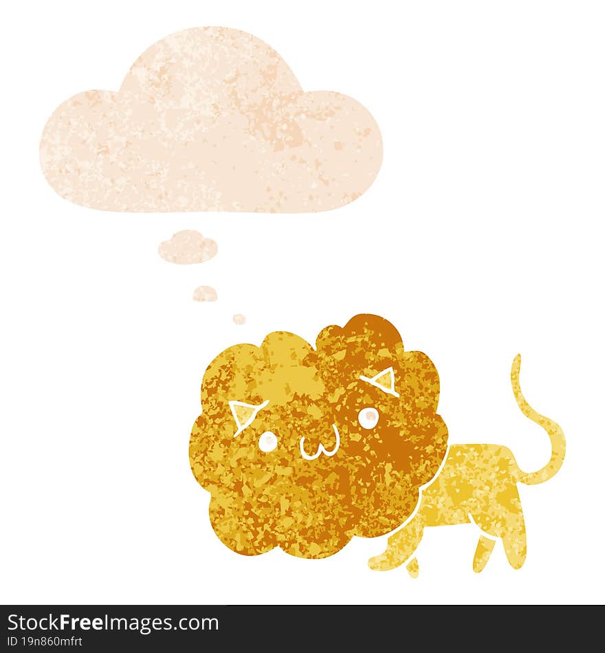 cute cartoon lion and thought bubble in retro textured style