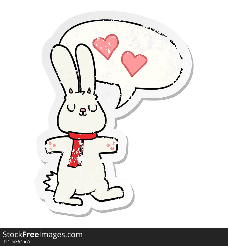 cartoon rabbit in love with speech bubble distressed distressed old sticker. cartoon rabbit in love with speech bubble distressed distressed old sticker