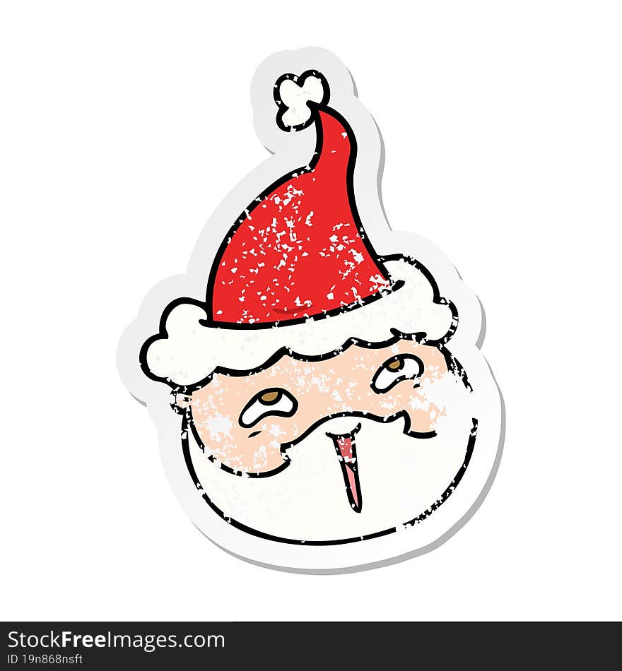 distressed sticker cartoon of a male face with beard wearing santa hat