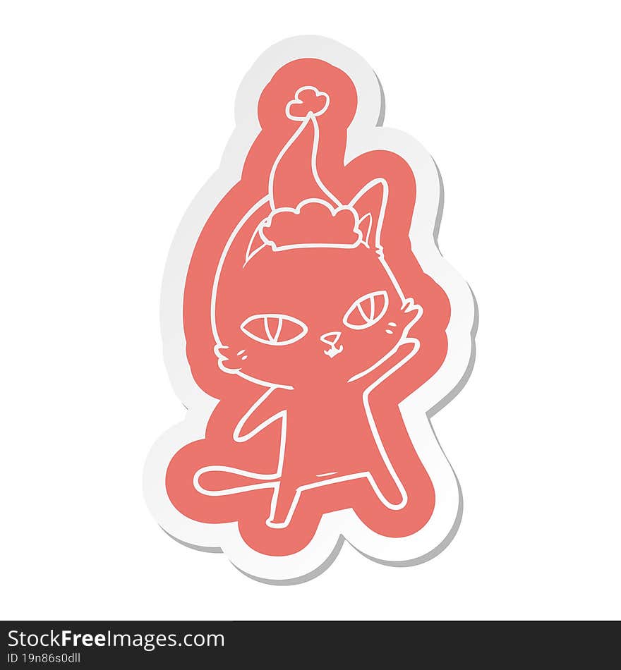 cartoon  sticker of a cat staring wearing santa hat