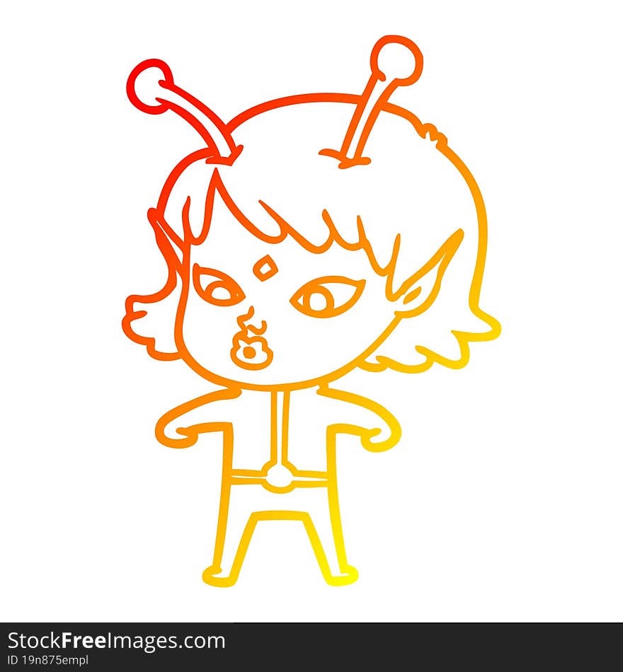 Warm Gradient Line Drawing Pretty Cartoon Alien Girl