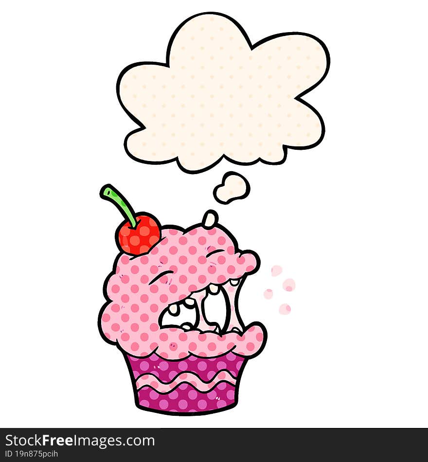 cartoon cupcake with thought bubble in comic book style