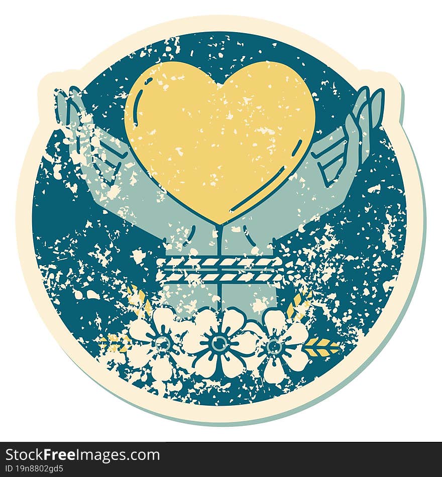 distressed sticker tattoo style icon of tied hands and a heart