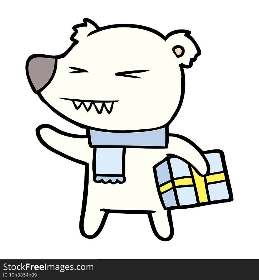 cartoon angry polar bear with xmas present. cartoon angry polar bear with xmas present