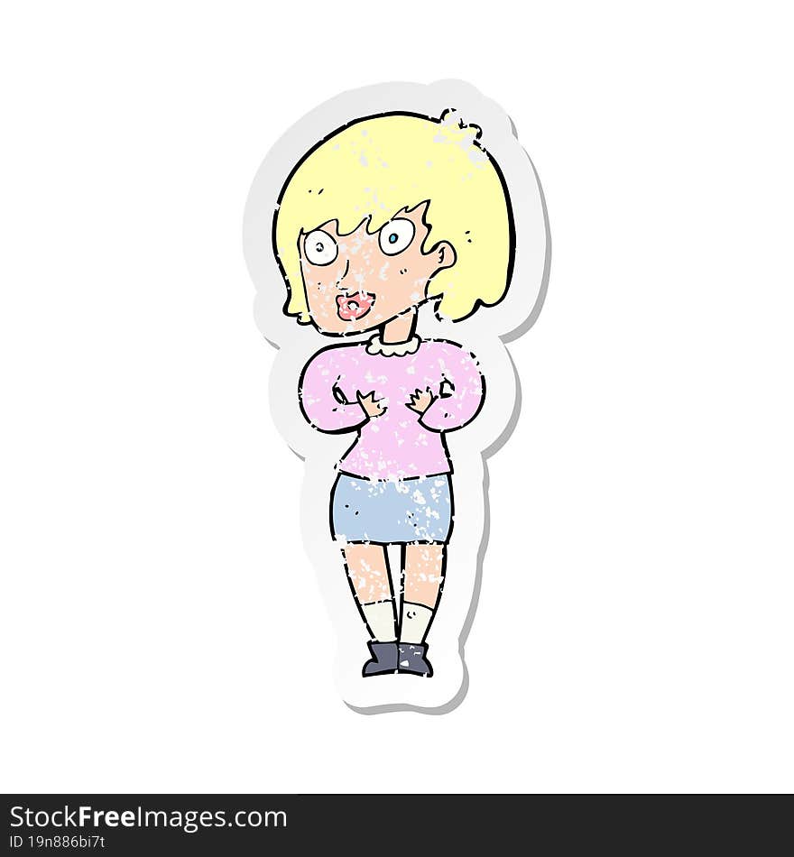 retro distressed sticker of a cartoon woman making Who Me gesture