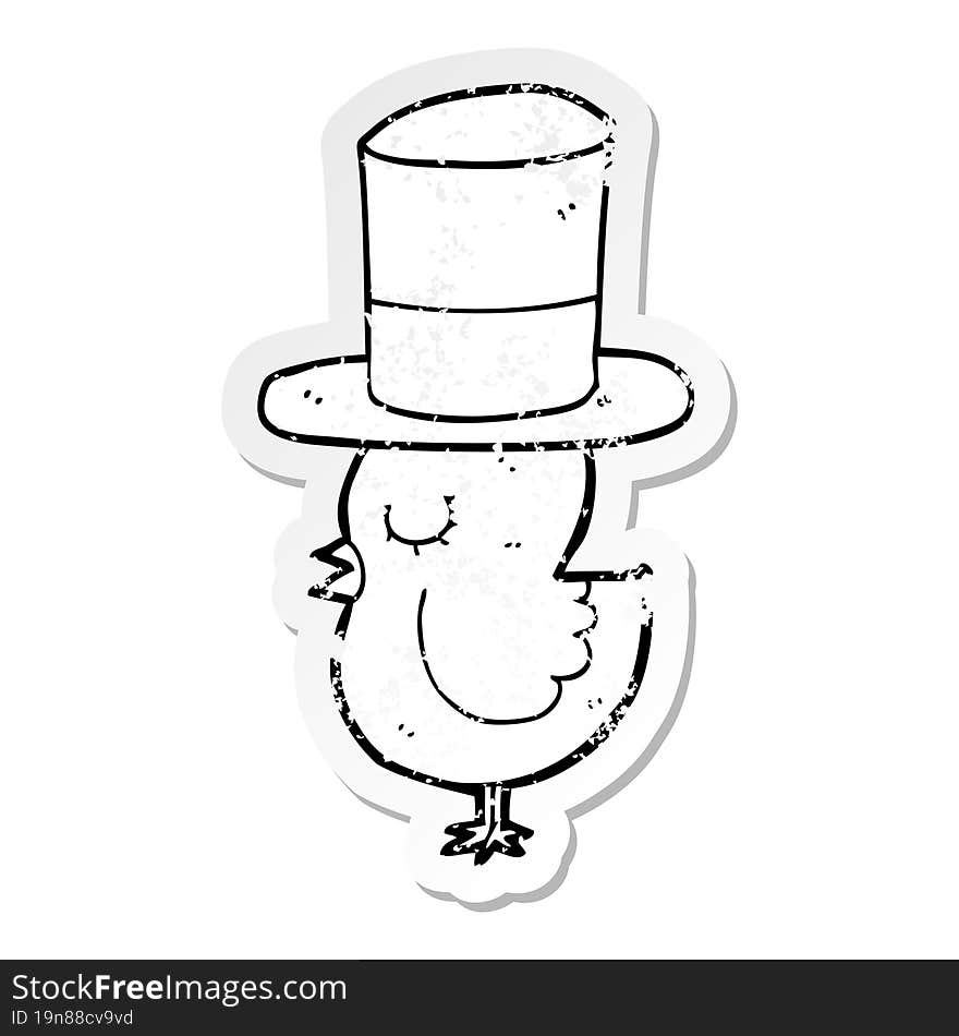 distressed sticker of a cartoon bird wearing top hat