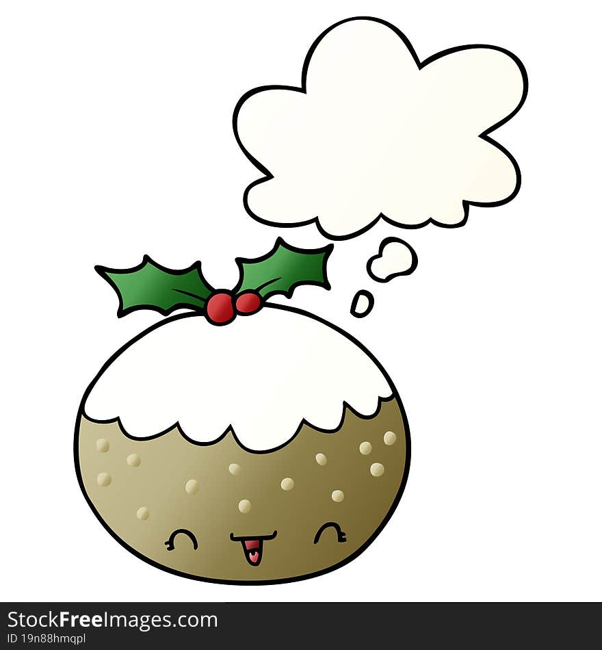 cute cartoon christmas pudding and thought bubble in smooth gradient style