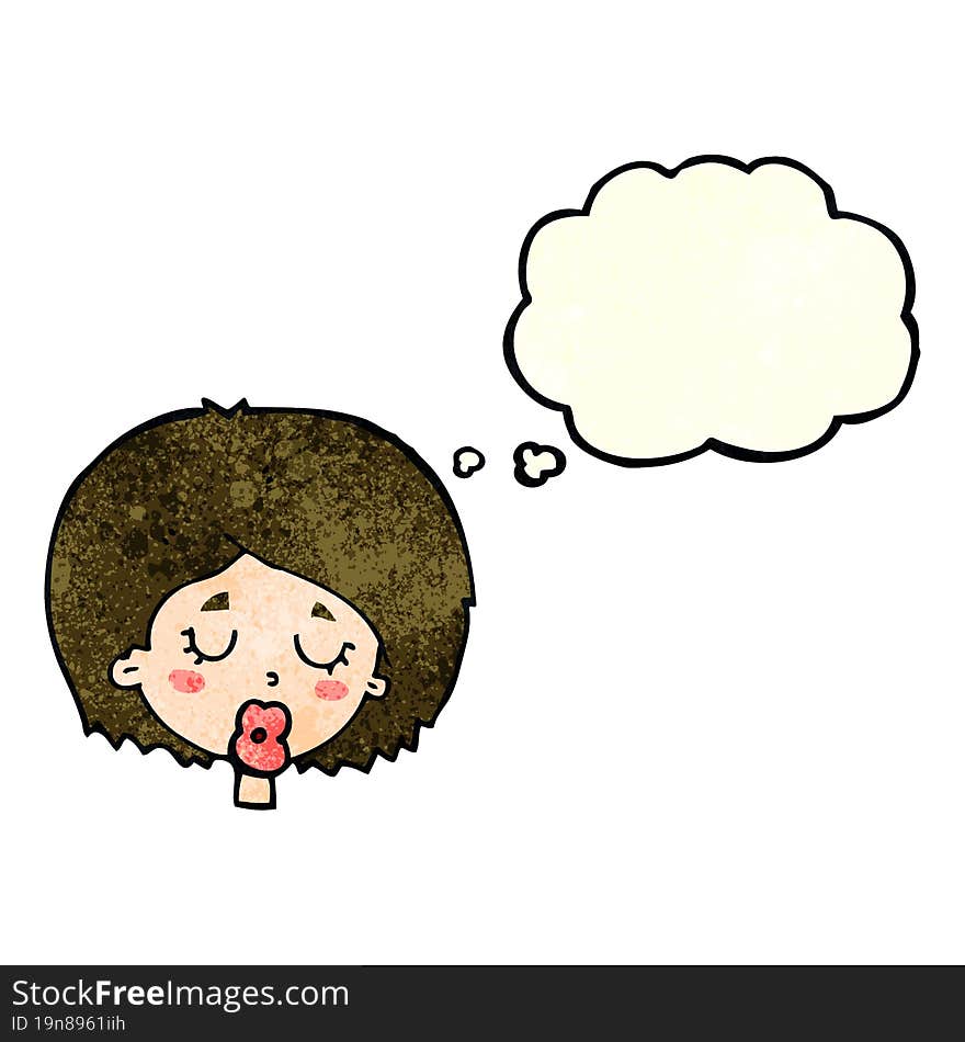 cartoon woman with eyes closed with thought bubble