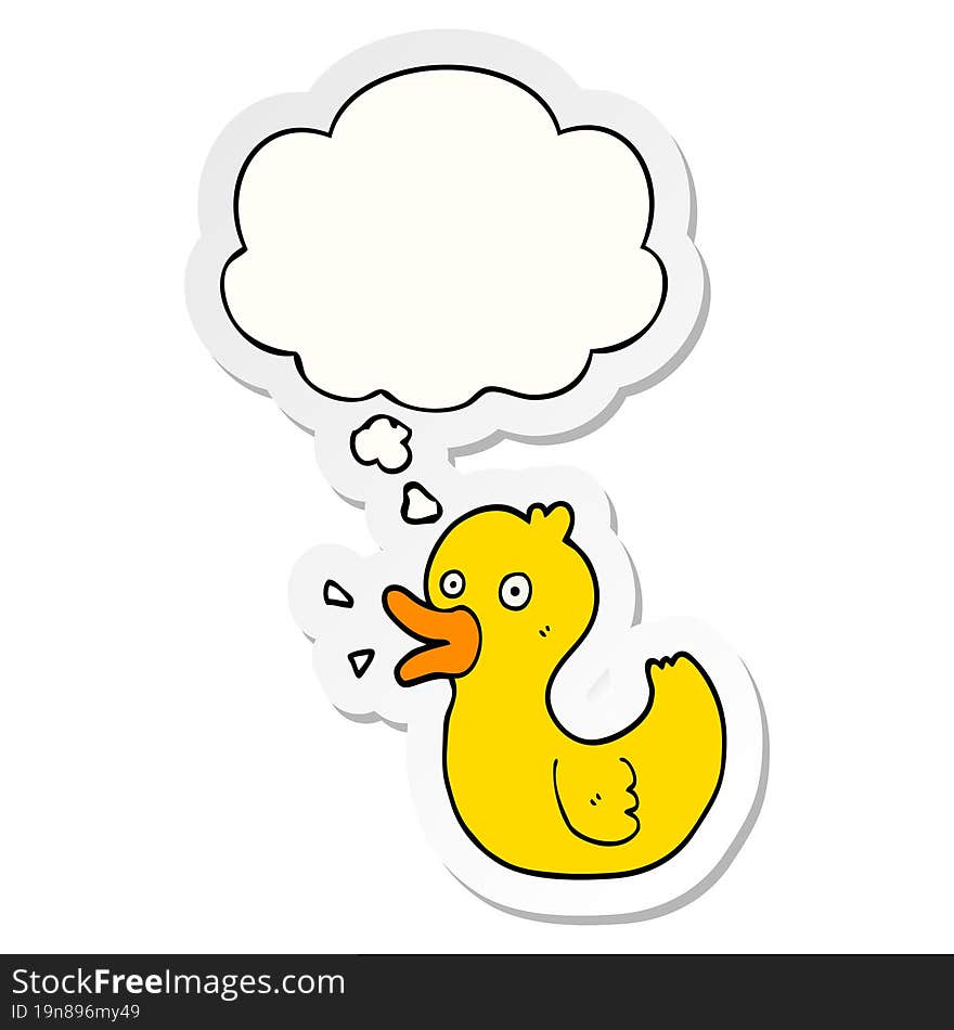 cartoon quacking duck and thought bubble as a printed sticker